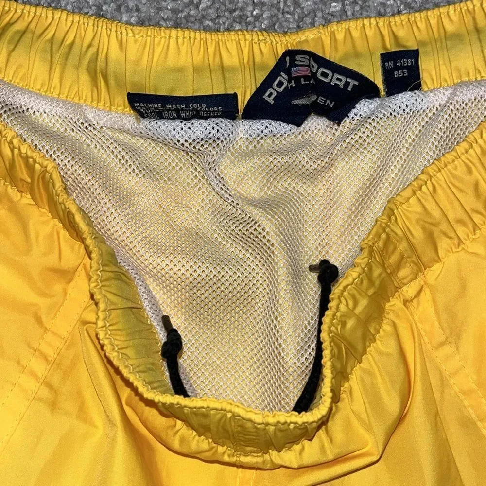 Vintage Polo Sport Yellow Ralph Lauren mesh lined yacht swim board trunks shorts
